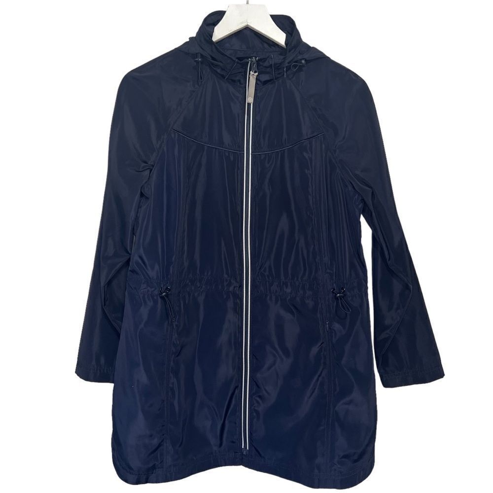 T by Talbots Hidden Hood Anorek Rain Jacket size MP Navy Blue Zip Up Cinch Waist
